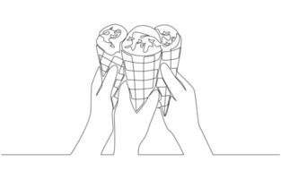 Continuous one line drawing of celebration with ice cream cones, happy time with dessert concept, single line art vector