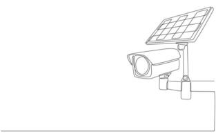 Continuous one line drawing of solar security camera, security surveillance technology concept, single line art vector
