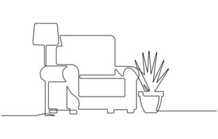 one line of couch or sofa with lamp and potted plant art vector