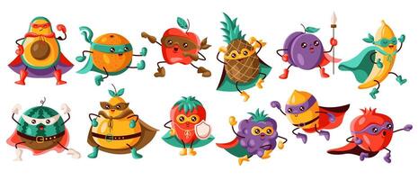 A colorful collection of various fruit superheroes, each with unique costumes, masks, and capes. These fun and energetic characters bring excitement and creativity to healthy food concepts. vector