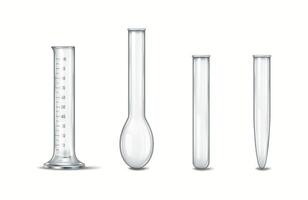 Image showcasing various types of laboratory glassware including a measuring cylinder, a volumetric flask, and test tubes. Perfect for illustrating scientific research and lab work environments. vector