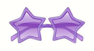 Vibrant illustration featuring purple star shaped sunglasses with a sparkling design on the frames. Ideal for festive and playful occasions. Stylish and fun fashion accessory. vector
