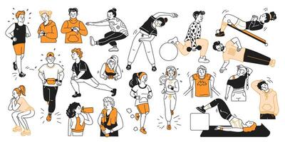 Athletes engaging in diverse physical activities color linear icons collection. Promoting healthy and active lifestyle doodle characters on white vector