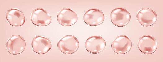 Collagen molecules forming translucent serum bubbles realistic color icons set. Intricate network structure 3d objects bundle on pink vector