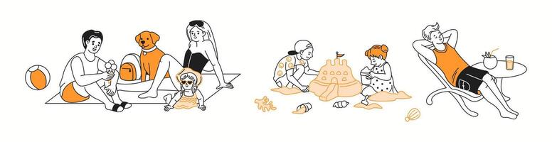 A cheerful family spending quality time together on the beach, enjoying ice cream and relaxing in the summer sun, depicted in a playful doodle-style drawing. vector