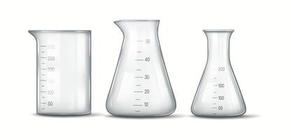 Illustration of three laboratory glassware containers including two flasks and a beaker with measurement markings depicting essential scientific equipment for experiments. vector