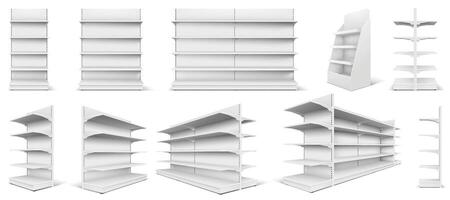 Realistic 3D mockup of a supermarket shelf with multiple rows, perfect for showcasing products in a retail environment. vector