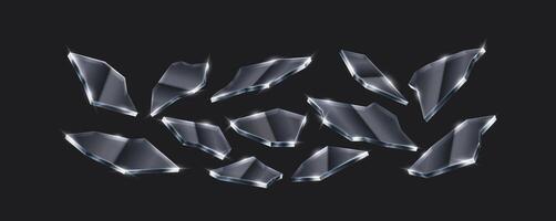 3D realistic illustration of high-detail glass shards reflecting light. Perfect for background effects, abstract compositions, and destruction scenes. vector