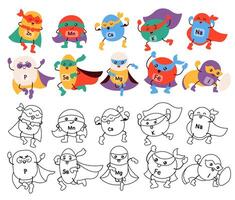 Illustration of a complete set of superhero-style trace elements and vitamins, showcasing their essential health benefits in a playful cartoon style. vector