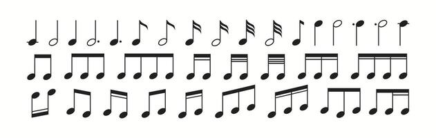 Illustration depicting diverse musical notes such as quarter, eighth, and sixteenth notes arranged in rows, showcasing different rhythmic patterns and symbols essential in musical notation. vector