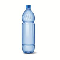 Blue plastic water bottle with cap placed centrally on white background. Simple and minimalistic design highlighting recyclable nature of material and hydration. vector