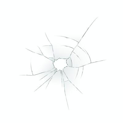 Detailed illustration of a cracked glass surface showing radial fracture lines emanating from a central point. Light reflections add depth to the broken texture.