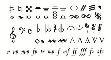 An array of musical notation symbols including dynamic markings and clefs. These symbols represent pitch, rhythm, tempo, dynamics used by musicians to perform written music. vector
