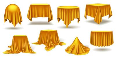 Golden silk and satin fabric forming geometric shapes realistic color icons set. Elegant grand event opening 3d objects bundle on white background vector