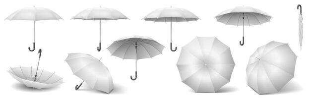 Blank parasols showing various views realistic color icons set. Accessory in different perspectives 3d objects bundle on white background vector