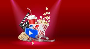 Copy space banner. 3D realistic digital illustration of a movie night set featuring a popcorn bucket, soda, clapperboard, film reel, and 3D glasses on a deep red gradient background. vector