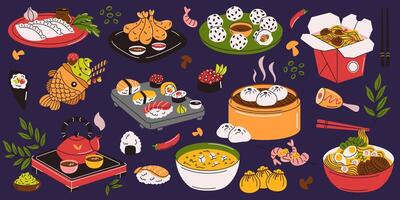 Illustration of a diverse collection of Asian dishes, including sushi, ramen, dumplings, tea, and desserts, arranged in a colorful modern style. vector
