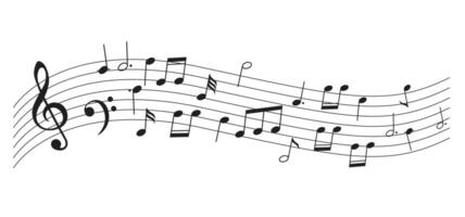 Illustration of musical notes gracefully flowing across a staff. The black notes and treble clef create a dynamic sense of rhythm and harmony. vector