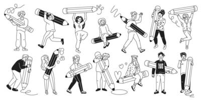 Young artists and designers with large pencils linear icons collection. Creativity and passion for art doodle characters set on white background vector