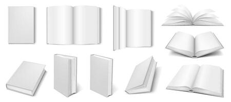 Realistic 3D mockup of blank books with various angles and perspectives, perfect for showcasing book designs. vector