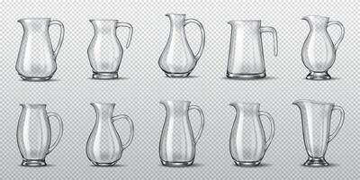 Collection of ten glass jugs with different shapes and designs in a realistic 3D rendering. High-detail reflections and transparency make them perfect for design projects. vector