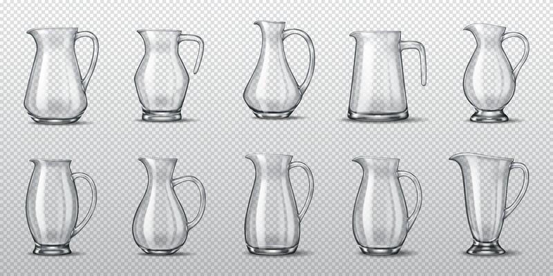 Collection of ten glass jugs with different shapes and designs in a realistic 3D rendering. High-detail reflections and transparency make them perfect for design projects.