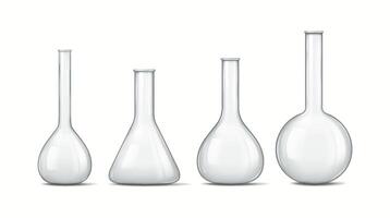 Illustration features four types of laboratory glass vessels with elegant curves and varying shapes, used for scientific experiments and research applications. vector