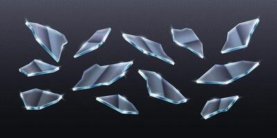 Realistic 3D illustration of broken glass pieces scattered on a dark background. Suitable for destruction scenes, dramatic visuals, and impact effects. vector