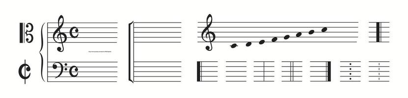 Illustration featuring various musical notations including treble and bass clefs, time signature, notes on staff lines, and bar lines in a linear arrangement. vector