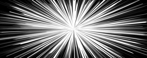 Monochrome artwork depicting abstract starburst pattern with white lines radiating from a central point on black background conveying dynamic energy. vector