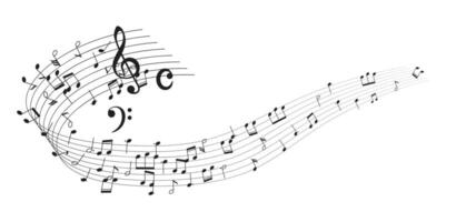Illustration of dynamic musical notes and symbols gracefully flowing across a staff in a wavelike pattern. Representation of harmony and rhythm. vector