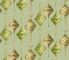 Pattern of eid mubarak or ramadan food or ketupat with watercolor painting style on shade of green color for background and print. vector