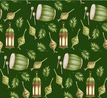 Islamic pattern for ramadan and eid al fitr with bedug, lantern and ketupat as a symbol of holy month of Islam. Isolated on green background. vector