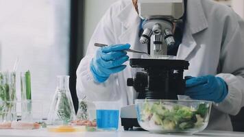 A man in a lab coat is looking at a microscope video
