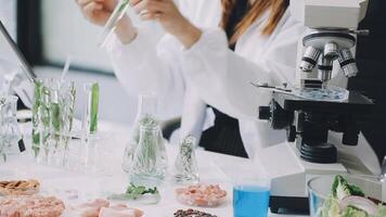 A woman in a lab coat is looking at a microscope video