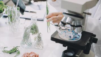 A person in a lab coat is looking at plants video