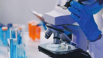A person in a lab coat is looking at a microscope video