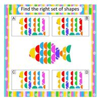 Logic puzzle for kids. Find the correct set of cartoon fish. Answer is A. vector