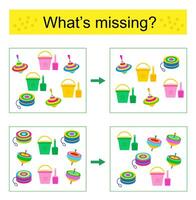 Puzzle game. Find the missing object. Cartoon toys. vector