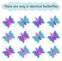 Fun puzzle game for kids. Need to find 2 identical butterflies. Task for development of attention and logic. vector