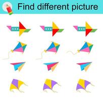 Logic game for children. Find different picture. Kites, paper airplane. vector