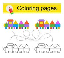 Educational game for kids. Go through the maze and color a cartoon train according to the pattern. vector