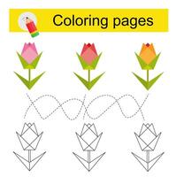 Go through the maze and color a cartoon flower according to the pattern. vector