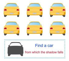 Educational game for kids. Task for attentiveness. Find a car from which the shadow falls. vector