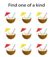 Task for development of attention and logic. Need to find one of a kind coconut. Kids activity page. vector