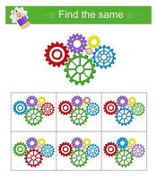 Puzzle game for kids. Task for development of attention and logic. Need to find same group of cogwheels. . vector