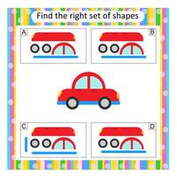 Logic puzzle for children. Find the correct set of cartoon car. Preschool worksheet activity. Answer is D. vector