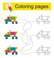 Educational game for kids. Go through the maze and color a cartoon dump truck according to the pattern. vector