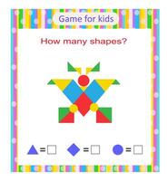 Math activity for kids. How many geometric shapes Developing numeracy skills. vector