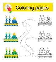 Educational game for kids. Go through the maze and color a cartoon mosque according to the pattern. vector